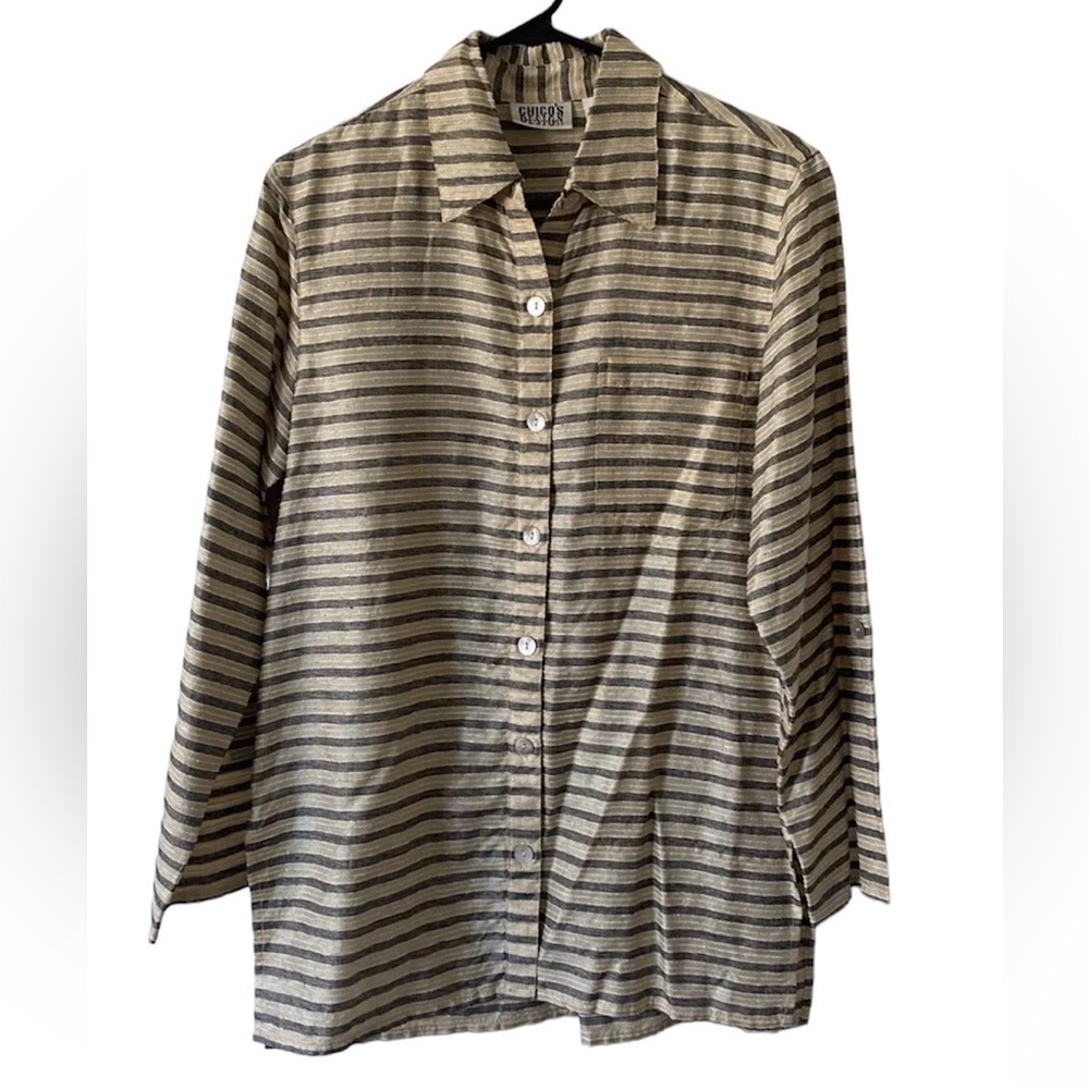 Vintage Chico's Design Silk Blend Striped Button up Metallic Blouse Sz 0 (US 4)